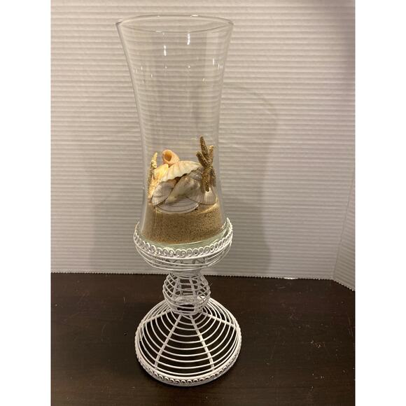Beach Scene w Shells & Myrtle Beach Sand in Vase on White Metal Wire Stand - Picture 4 of 10